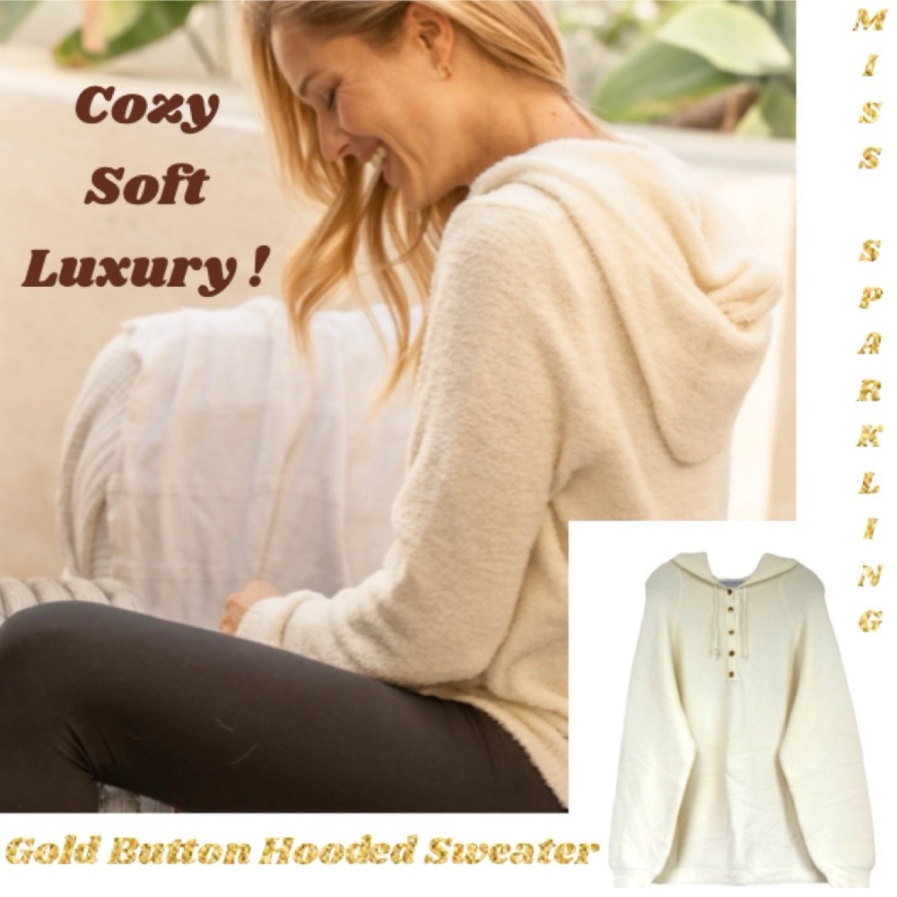 Luxury Soft Hooded Sweater Gold Quarter Buttons Hoodie Ivory Off White Size XL